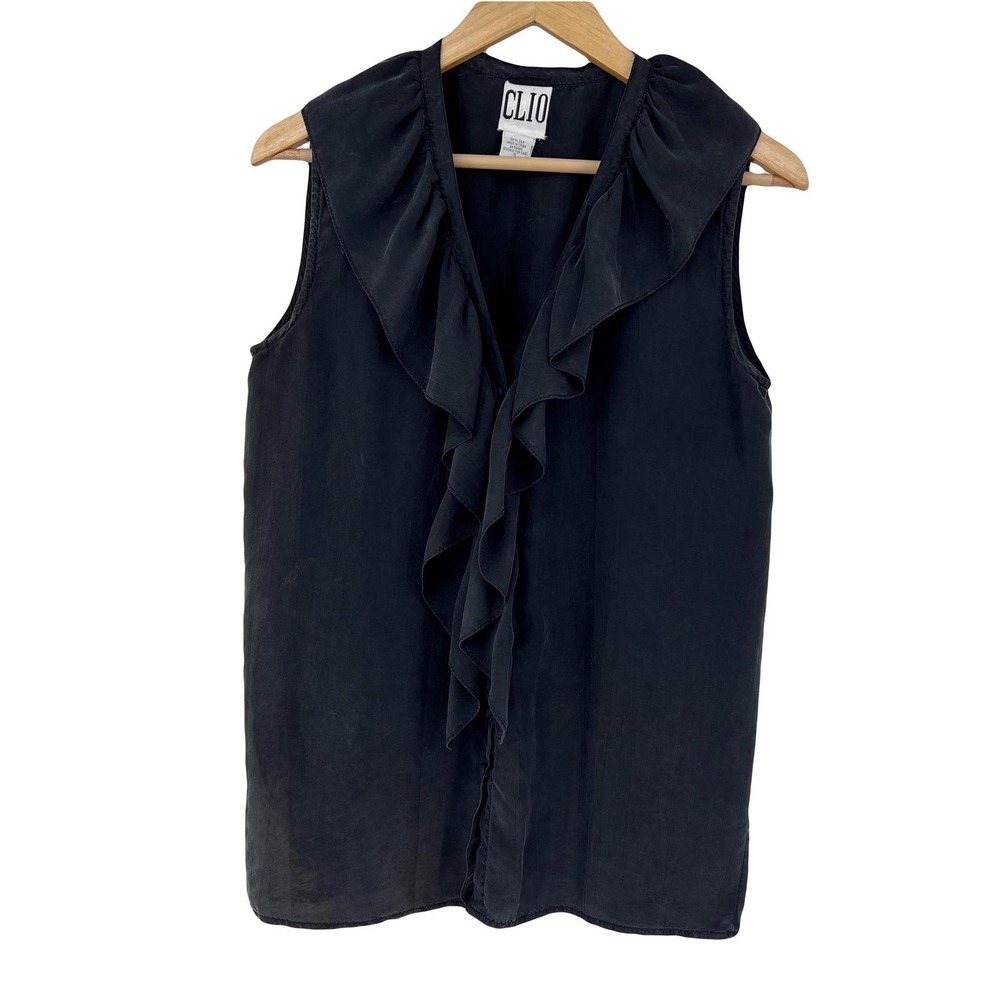 vintage‎ 90s silk poet blouse sleeveless ruffled black S